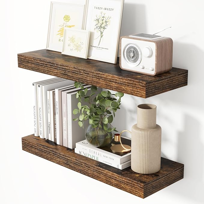 Heimlove 24 Inch Floating Shelves for Wall Rustic Brown Shelves Set of 2,Wall Mounted Rustic Wood 8 Inch Deep Floating Shelf with Invisible Brackets for Bedroom Kitchen Living Room