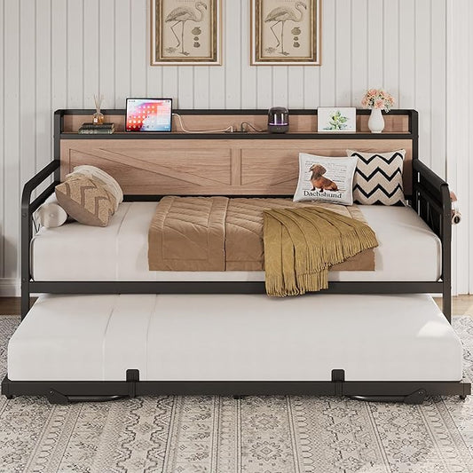 LIKIMIO Twin Daybed, Day Beds with Pop Up Trundle, Storage Headboard with Charging Station, Strong Supports for Apartment and Other Small Space, Wood Color