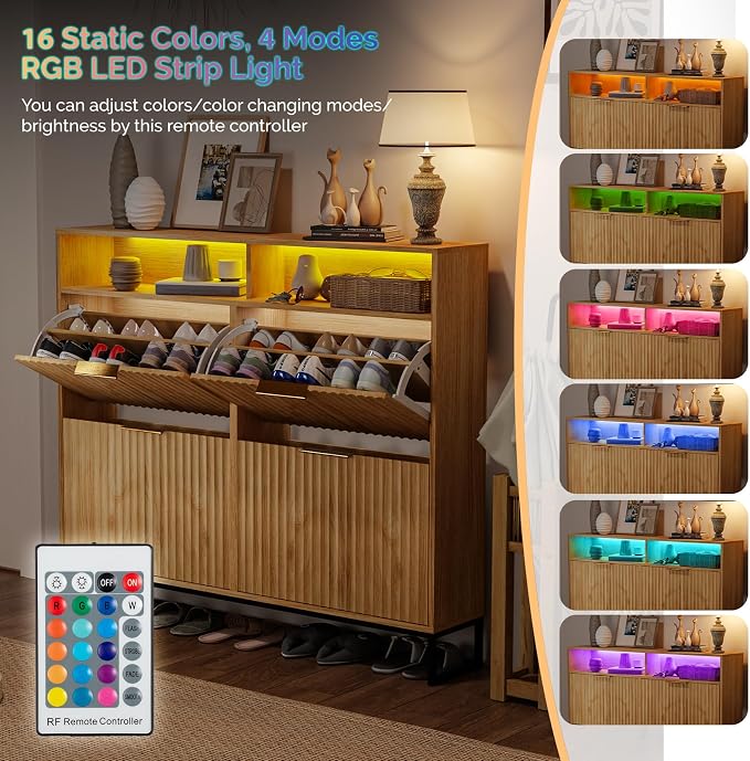 VINGLI Fluted Shoe Cabinet for Entryway, Narrow Hidden Shoe Storage Organizer with 4 Flip Drawers & 16-Color LED Lights, Mid Century Modern Slim Freestanding Shoe Rack with Cubby, Natural Oak