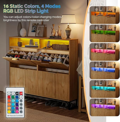 VINGLI Fluted Shoe Cabinet for Entryway, Narrow Hidden Shoe Storage Organizer with 4 Flip Drawers & 16-Color LED Lights, Mid Century Modern Slim Freestanding Shoe Rack with Cubby, Natural Oak