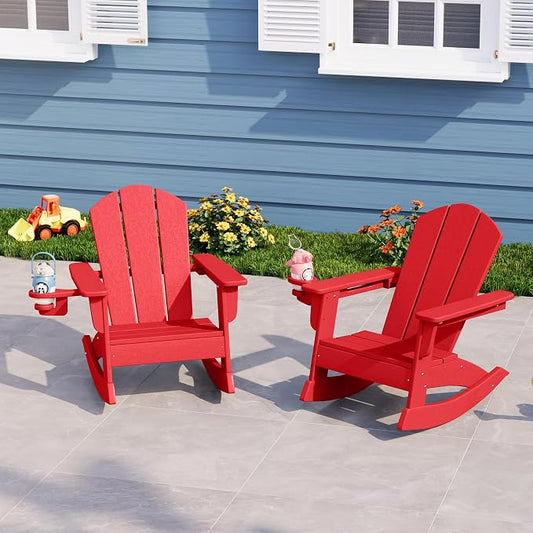 Costaelm Paradise Kids Outdoor Preschool HDPE Plastic Classic Adirondack Rocking Chair (Set of 2), Red