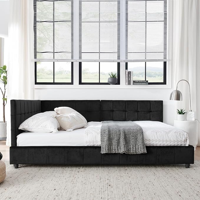 KEIKI Full Size L Shape Corner Bed Frames with Backrest and Armrests, Velvet Upholstered Sofa Daybed for Small Room, Living Room, Bedroom, Guest Room, Kids' Room