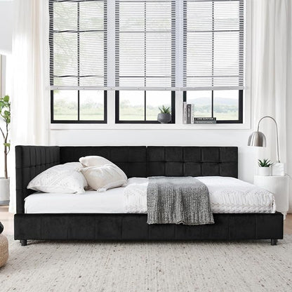 KEIKI Full Size L Shape Corner Bed Frames with Backrest and Armrests, Velvet Upholstered Sofa Daybed for Small Room, Living Room, Bedroom, Guest Room, Kids' Room