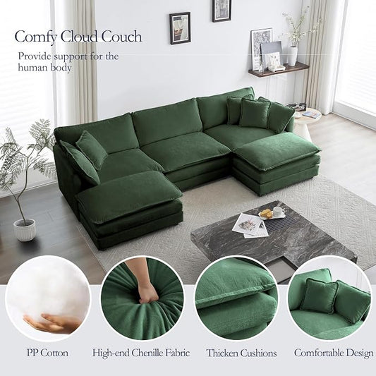 GNIXUU 111.5“ Oversized Modular Sectional Sofa, Comfy Cloud Couch for Living Room, Modern Chenille Large Deep Seat U Shaped Couch with Reversible Chaise & Cushions(5 Seater,Green)