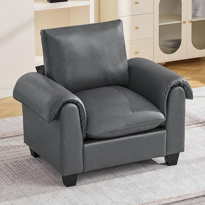 44.5" Faux Leather Single Sofa, Oversized Accent Chair with Curved Armrests, Cloud Modern Sofa Upholstered Deep Seat Reading Chair Armchair for Living Room, Bedroom，Grey
