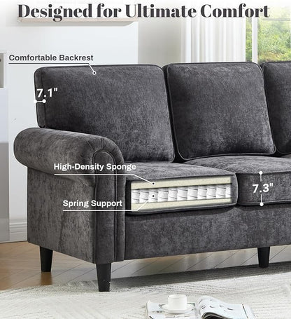 Kingfun 3 Seater Couch, Mid Century Modern Sofa with Rolled Arms and Deep Seats, Fluffy Comfort for Living Room, Apartment, Easy Assembly, Gray