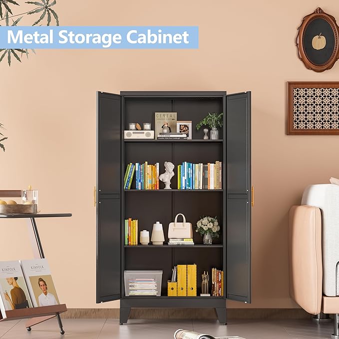 Black Metal Storage Cabinet, 48" Steel Cabinets for Home Office | Kitchen Pantry Storage Cabinet with Doors and 3 Adjustable Shelves, for Office, Home, Garage, School
