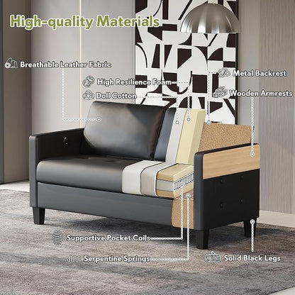 STHOUYN 59” Black Faux Leather Sofa Couch, Modern Comfy Office 2 Seater Couch Loveseat with USB & Tufted Armrest, Small Love Seat Couches for Living Room, Bedroom, Apartment