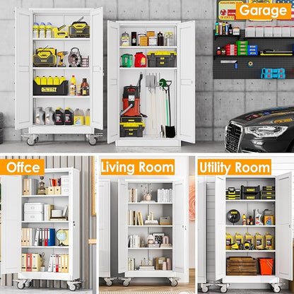 PAOFIN 61''H Metal Garage Storage Cabinet with Wheels,Steel File Cabinets with 2 Doors and 3 Adjustable Shelves for Home Office, Warehouse, Required Assembly,White