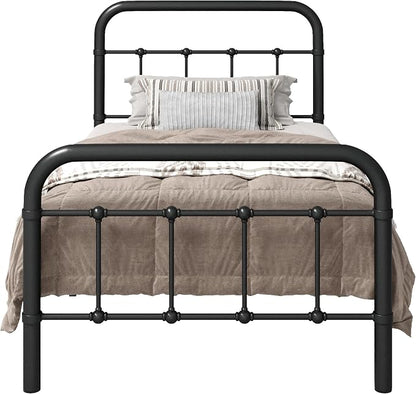 Allewie Twin Size Metal Platform Bed Frame with Victorian Style Wrought Iron-Art Headboard/Footboard, No Box Spring Required, Black