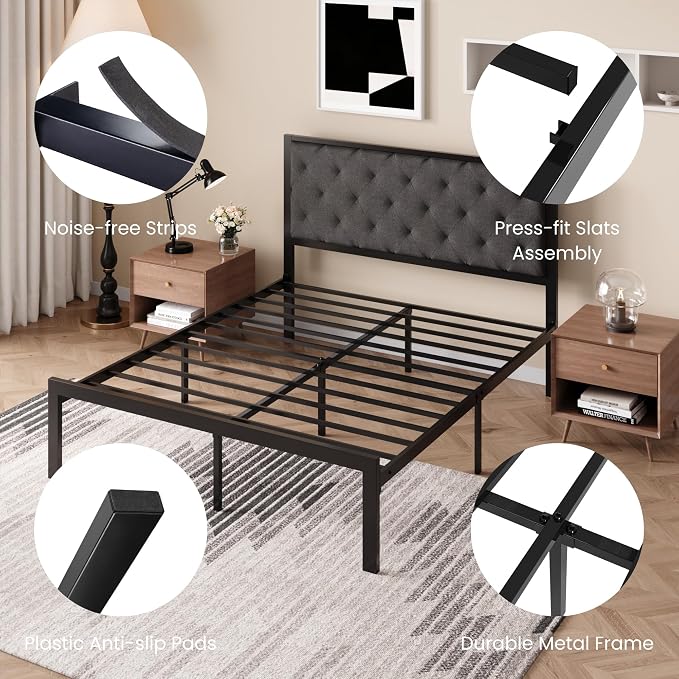 SHA CERLIN Queen Size Metal Bed Frame and Linen Tufted Headboard, Dark Gray | Modern Design Heavy-Duty Platform Bed, No Box Spring Need, Linen Fabric Upholstery, Noise Free, Easy Assembly