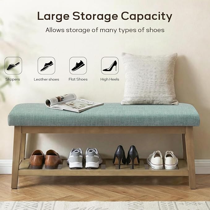 Entryway Bench with Cushion, Upholstered Shoe Rack Bench with Solid Wood Shelf, 44" End of Bed Bench for Bedroom, Chenille Fabric Storage Bench for Entryway, Hallway, Living Room (Teal)