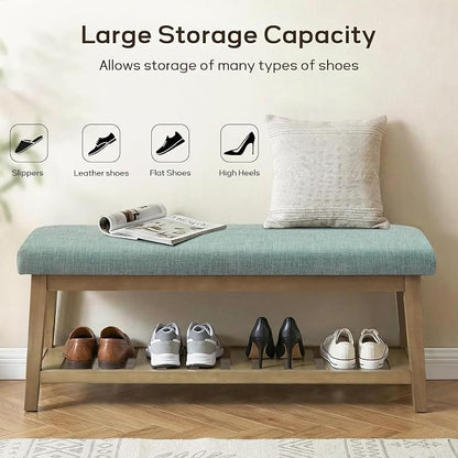 Entryway Bench with Cushion, Upholstered Shoe Rack Bench with Solid Wood Shelf, 44" End of Bed Bench for Bedroom, Chenille Fabric Storage Bench for Entryway, Hallway, Living Room (Teal)