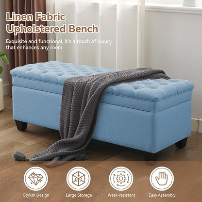 WUTUTUEE 51" Fabric Storage Ottoman Bench, Upholstered Rectangle End of Bed Storage Ottoman Tufted Living Room Bedroom Bench with Safety Hinge, Solid Wood Legs, Loads 500 lb(Light Blue)