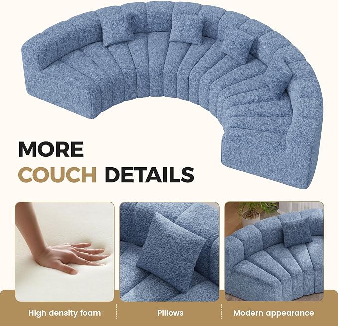 Oversized Curved Sofa, 6 Seater Modular Velvet Cloud Couch, Modern Boneless Sectional Couches for Living Room, No Assembly Required, Light Blue 1PC