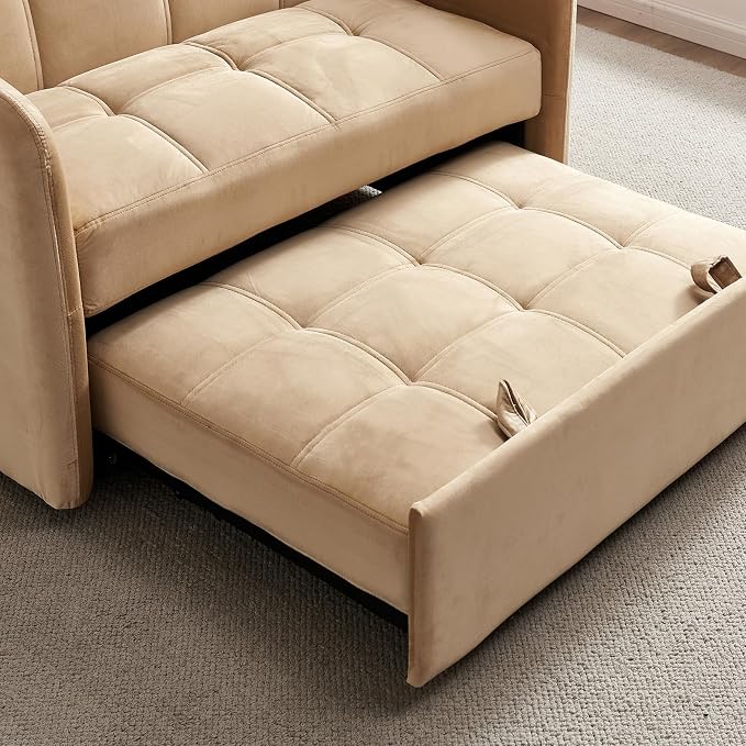 55.5" Velvet Convertible Sofa Bed, Pull Out Sleeper Sofa Bed, Loveseat Couch with USB Charging Ports, 3 in 1 Convertible Sleeper Sofa Bed for Living Room, Apartment, Bedroom, RV, Khaki