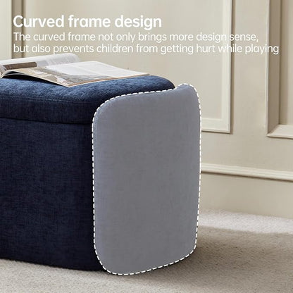 VKNOW 46" Oval Storage Ottoman Bench, Upholstered End of Bed Bench Ottomans Bench Foot Rest, Sherpa Storage Bench for Bedroom, Living Room and Hallway, Navy