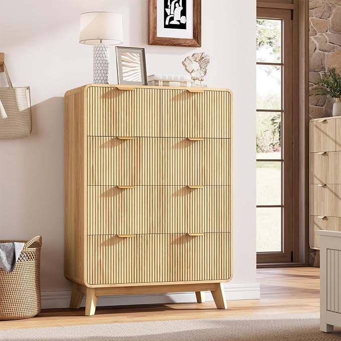 QUW Fluted 5 Drawers Dresser for Bedroom, Modern 40.2" Tall Drawer Dressers with Metal Handle, Wooden Chest of Dresser for Living Room, Hallway, Solid Wood Legs, Curved Profile Design, Natural Oak