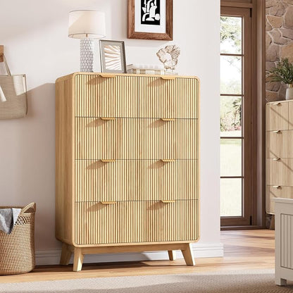 QUW Fluted 5 Drawers Dresser for Bedroom, Modern 40.2" Tall Drawer Dressers with Metal Handle, Wooden Chest of Dresser for Living Room, Hallway, Solid Wood Legs, Curved Profile Design, Natural Oak