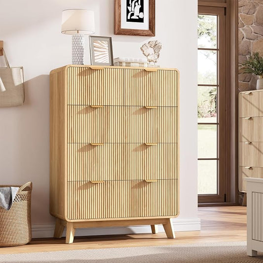 QUW Fluted 5 Drawers Dresser for Bedroom, Modern 40.2" Tall Drawer Dressers with Metal Handle, Wooden Chest of Dresser for Living Room, Hallway, Solid Wood Legs, Curved Profile Design, Natural Oak