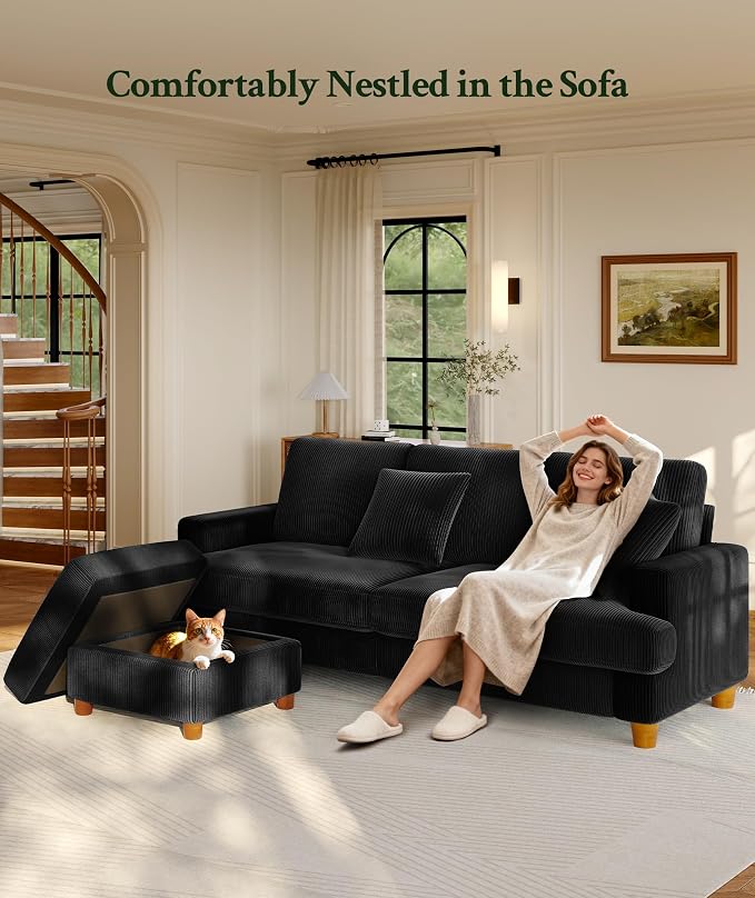 Welzona 87.2" Couches for Living Room, Comfy L Shaped Couch Black 7.5" Thicker Cushion, Sofas for Living Room Tool-Free Setup, Loveseat with Ottoman 848lbs Support, Corduroy Couch for Bedroom, Office
