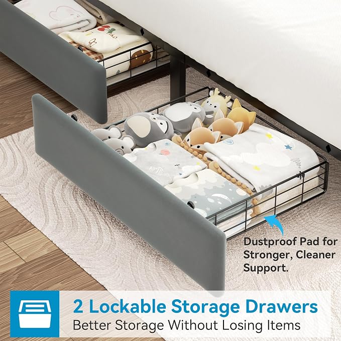Jocoevol Full Upholstered LED Bed Frame with 2 Storage Drawers and 2-Tier Storage Headboard, Velvet Platform Bed with Charging Station & Bookcase, Heavy Duty Metal Support, No Box Spring Needed, Grey
