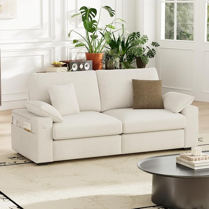 MALOL 76" Loveseat Couch, 3 Seater Upholstered Midcentury Mondern Love Seat with USB Type C Ports, 4 Pillows and Storage Armrest Cloud Foam Sofa for Living Room/Small Spaces, Beige | Breathable material