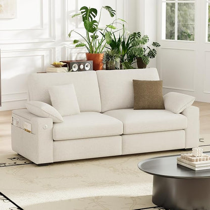 MALOL 76" Loveseat Couch, 3 Seater Upholstered Midcentury Mondern Love Seat with USB Type C Ports, 4 Pillows and Storage Armrest Cloud Foam Sofa for Living Room/Small Spaces, Beige | Breathable material