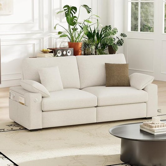 MALOL 76" Loveseat Couch, 3 Seater Upholstered Midcentury Mondern Love Seat with USB Type C Ports, 4 Pillows and Storage Armrest Cloud Foam Sofa for Living Room/Small Spaces, Beige | Breathable material