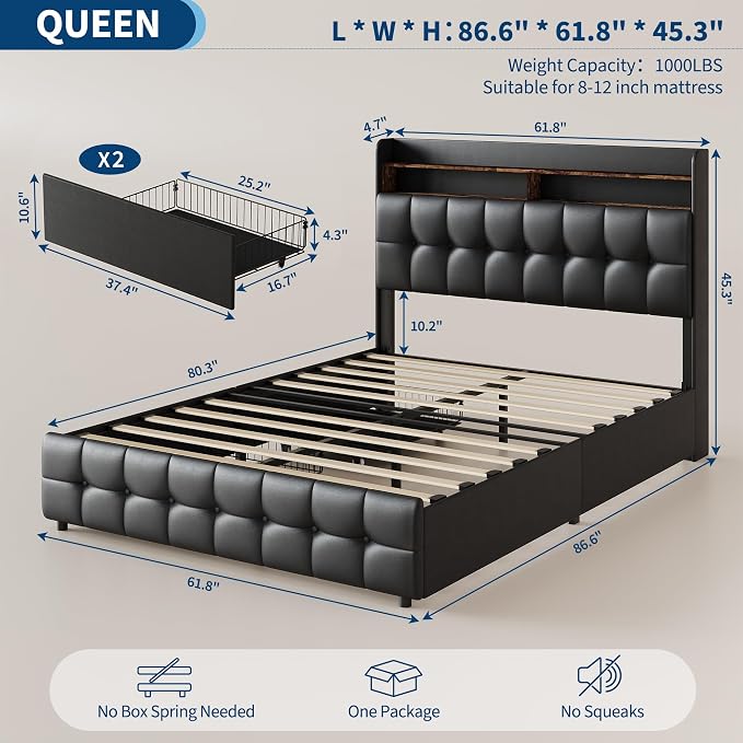 IDEALHOUSE Queen Size Upholstered Bed Frame Fabric with Storage Drawers and LED Lights, Headboard and Frame for Cozy Bedroom Sets Upgrades