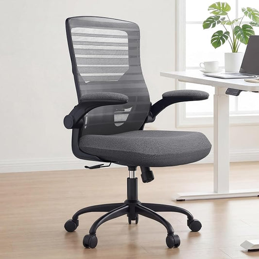 Office Desk Chair for Long Hours & Back Pain Relief – 4“ Thick Molded Foam Cushion, Enhanced Lumbar Support, Padded Flip-up Armrests, Ideal for Office or Study, Dark Gray