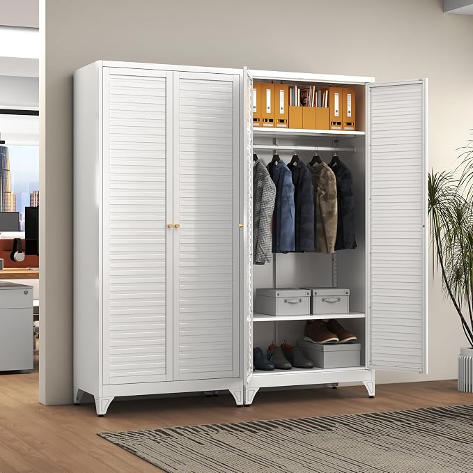 Polup Metal Armoire Wardrobe Closet with Doors, 71" Tall White Wardrobe Cabinet with Hanging Rod and Adjustable Shelves, Steel Clothing Storage Cabinet for Bedroom, School, Employee, Gym, Office