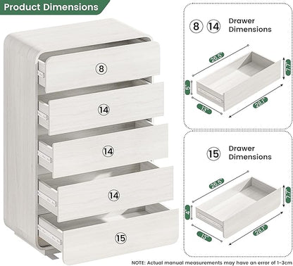 Standifurno White 5 Drawers Dresser, Curved Dresser with Storage Organizer, Modern Drawer of Handleless, Large Chest of Drawers for Living Room, Nursery, Entryway, 29.5’’W