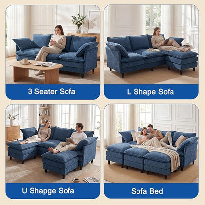 3 Seater L-Shape Couch Sofa with Ottoman, 69" Small Couch Modern Comfy Cloud Chenille Sofa 23" Deep with Washable Pillow Cover Couches for Living Room Bedroom Apartment Office 69-Blue-L