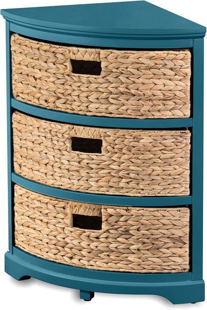 eHemco Hampton Meadows 3 Tier X-Side Corner Table Storage Cabinet, Teal | 3 Wicker Baskets