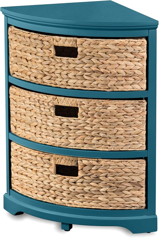 eHemco Hampton Meadows 3 Tier X-Side Corner Table Storage Cabinet, Teal | 3 Wicker Baskets