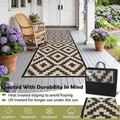 SAND MINE Reversible Mats, Plastic Straw Rug, Modern Area Rug, Large Floor Mat and Rug for Outdoors, RV, Patio, Backyard, Deck, Picnic, Beach, Trailer, Camping (2.5' x 8', Black & Beige Lattice)