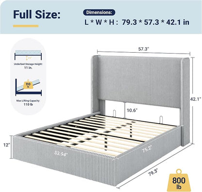 Allewie Full Lift-Up Storage Bed Frame with Modern Wingback Headboard, Corduroy Upholstered Platform Bed, Hydraulic Gas Lift Support, Underbed Storage, Wooden Slats, No Box Spring Needed, Grey