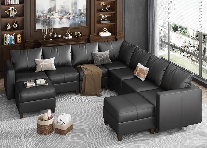 EASE MOOSE Leather Sectional Couch Sofa with Storage,Faux Leather Modualr Sectional Sofa Brown U Shaped Modular Couch，Black
