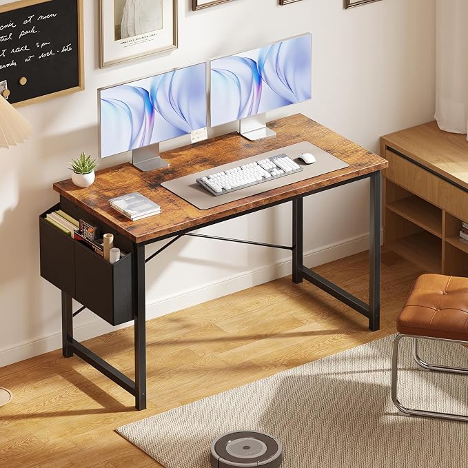 OLIXIS Computer Desk, 47 Inch Home Office Desks for Small Spaces, Writing Craft Study Gaming Table for Bedroom, Modern Computer Workstation with Storage Bag, Rustic Brown
