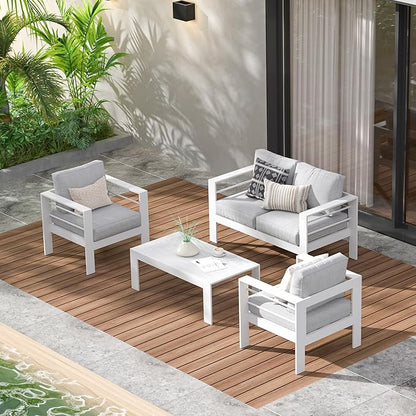 Kiss the Water Loveseat Aluminum Outdoor Patio Sofa Set, All Weather Rust-Proof Metal Patio Couch, Modern Outdoor Furniture for Backyard Porch Garden, 5" Thick Waterproof Olefin Cushions, Light Grey