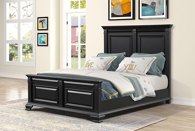 Roundhill Furniture Renova Vintage Black Wood Bedroom Set, Queen Panel Bed, Dresser, Mirror, Two Nightstands