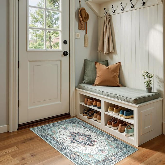 RELEANY Area Rugs Small 2'x4' Washable Non-Slip, Floral Vintage Distress Medallion Carpet for Kitchen Entryway Bathroom, Green Navy Blue White Red Teal