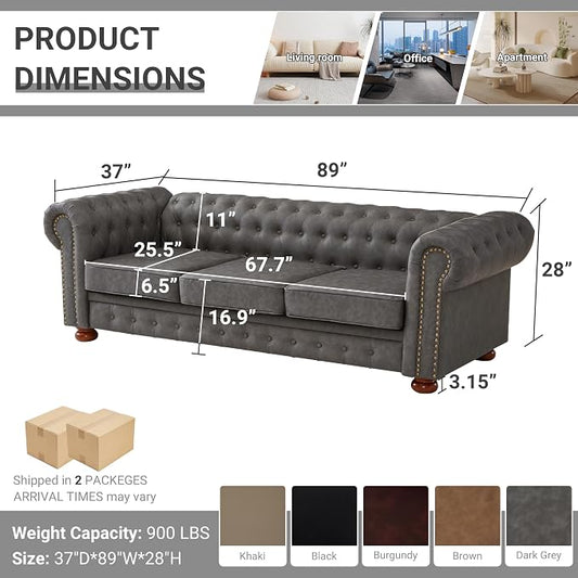 Chesterfield Leather Sofa, 89" Mid Century Modern Couch with Low Back, Roll Arm Nailhead Trim Classic 3 Seater Couch for Living Room, Office, Apartment, Faux Leather Dark Grey