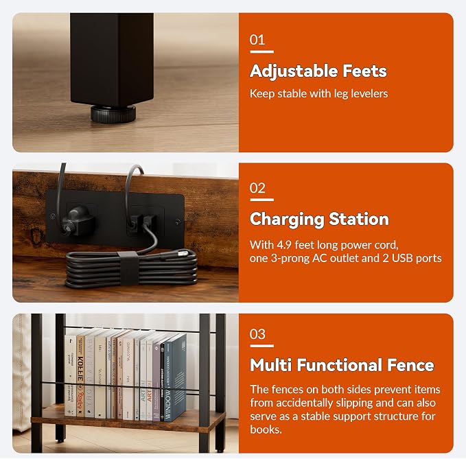 DGSANDGO Narrow Side Table (Rustic Brown) - Nightstand with Charging Station (2 USB + 1 AC Outlet), 3-Tier End Table for Balcony/Kid's Room/Bedroom