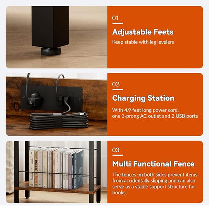 DGSANDGO Narrow Side Table (Rustic Brown) - Nightstand with Charging Station (2 USB + 1 AC Outlet), 3-Tier End Table for Balcony/Kid's Room/Bedroom