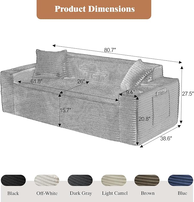 3 Pcs Living Room Cloud Sofa Set, Boneless Sofa Couch with Cup Holder and Side Pocket for Compact Living Rooms, Apartments (Camel, Single Chair + Loveseat+ 3 Seat Sofa)