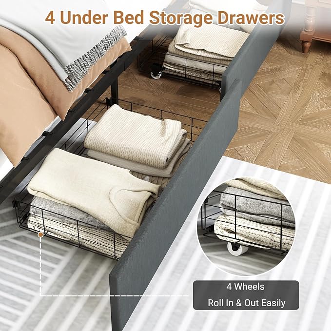 Kiivakii Full Size Bed Frame with 4 Drawers, Heavy Duty Metal Full Bed Frame with LED Lights, Charging Station, Upholstered Headboard, 800LBS Weight Capacity, Noise Free, Gray