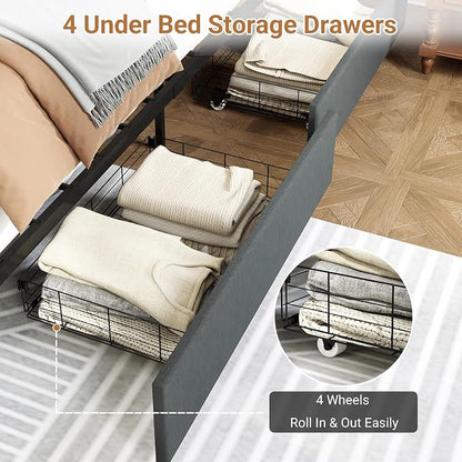 Kiivakii Full Size Bed Frame with 4 Drawers, Heavy Duty Metal Full Bed Frame with LED Lights, Charging Station, Upholstered Headboard, 800LBS Weight Capacity, Noise Free, Gray