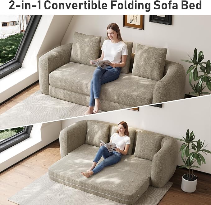 Curved Convertible Futon Sofa Bed,Modern Boneless Sleeper Couch,Curved Modern 3 Seater Cloud Couch